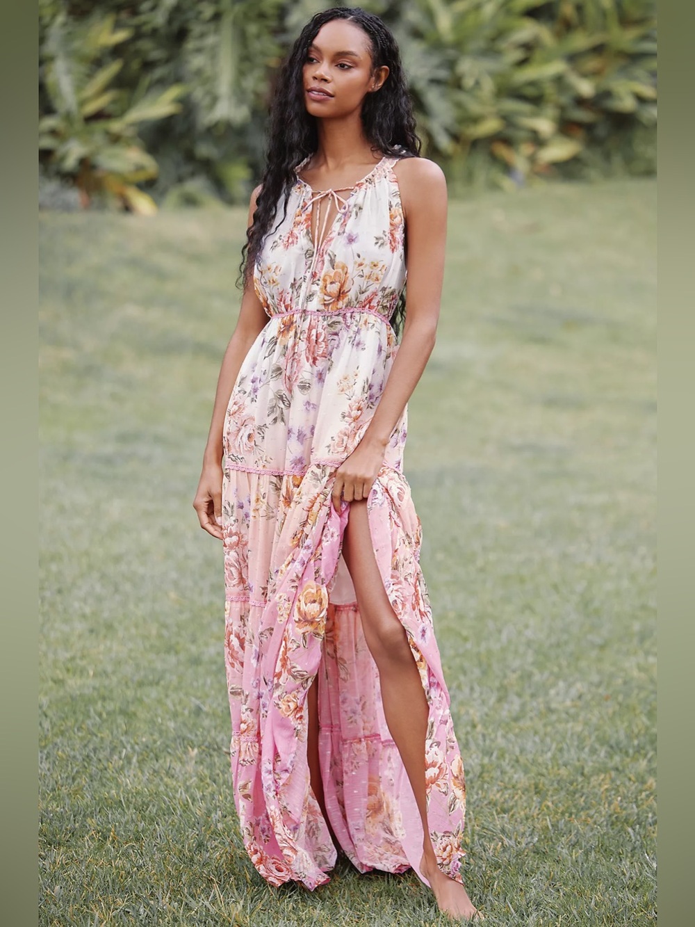 PQ Swim Anthropologie Tiered Ruffle Maxi Dress Pink Orange Ombre Halter M/L